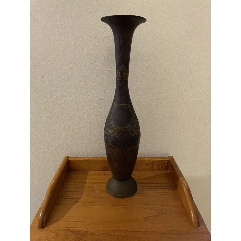 Vintage Bronze VASE Intricate Inlaid   Decorative India Hand Carved